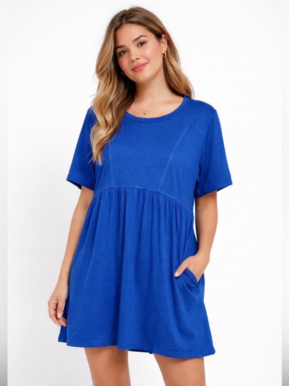 NouveauMonde Women's Cotton Casual Tshirt Royal Blue Dress Mini Tiered S